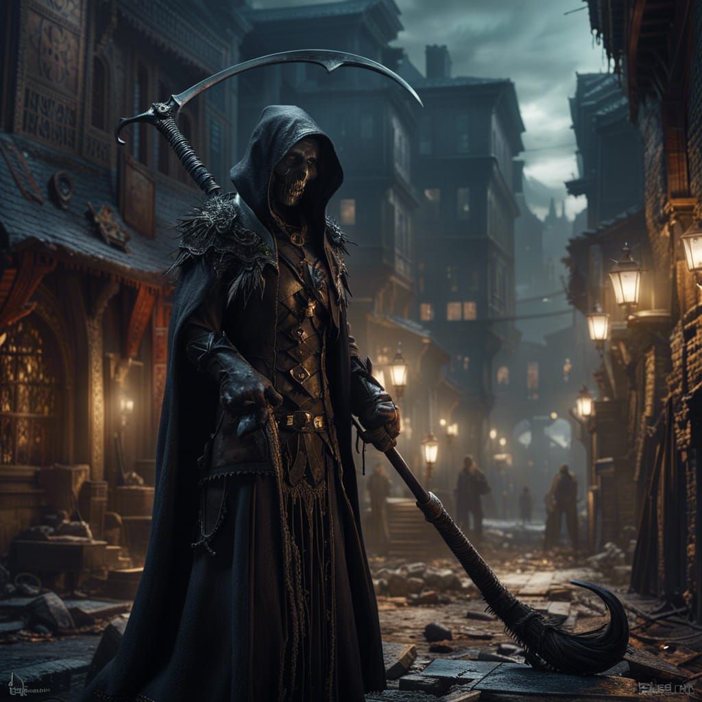 Necromancer with scythe in undead city