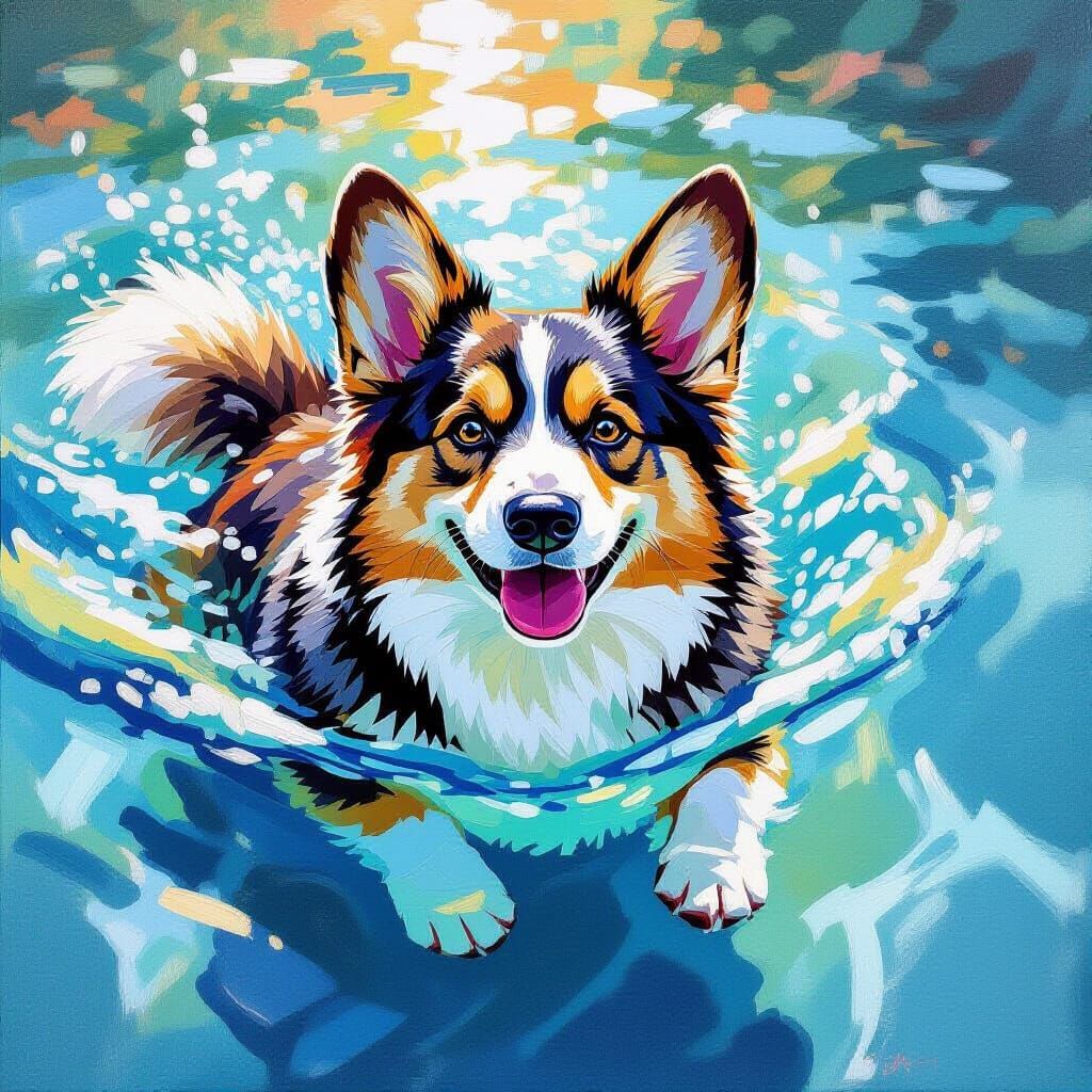 Realistic Corgi Husky Mix Swimming in Pool Oil Painting