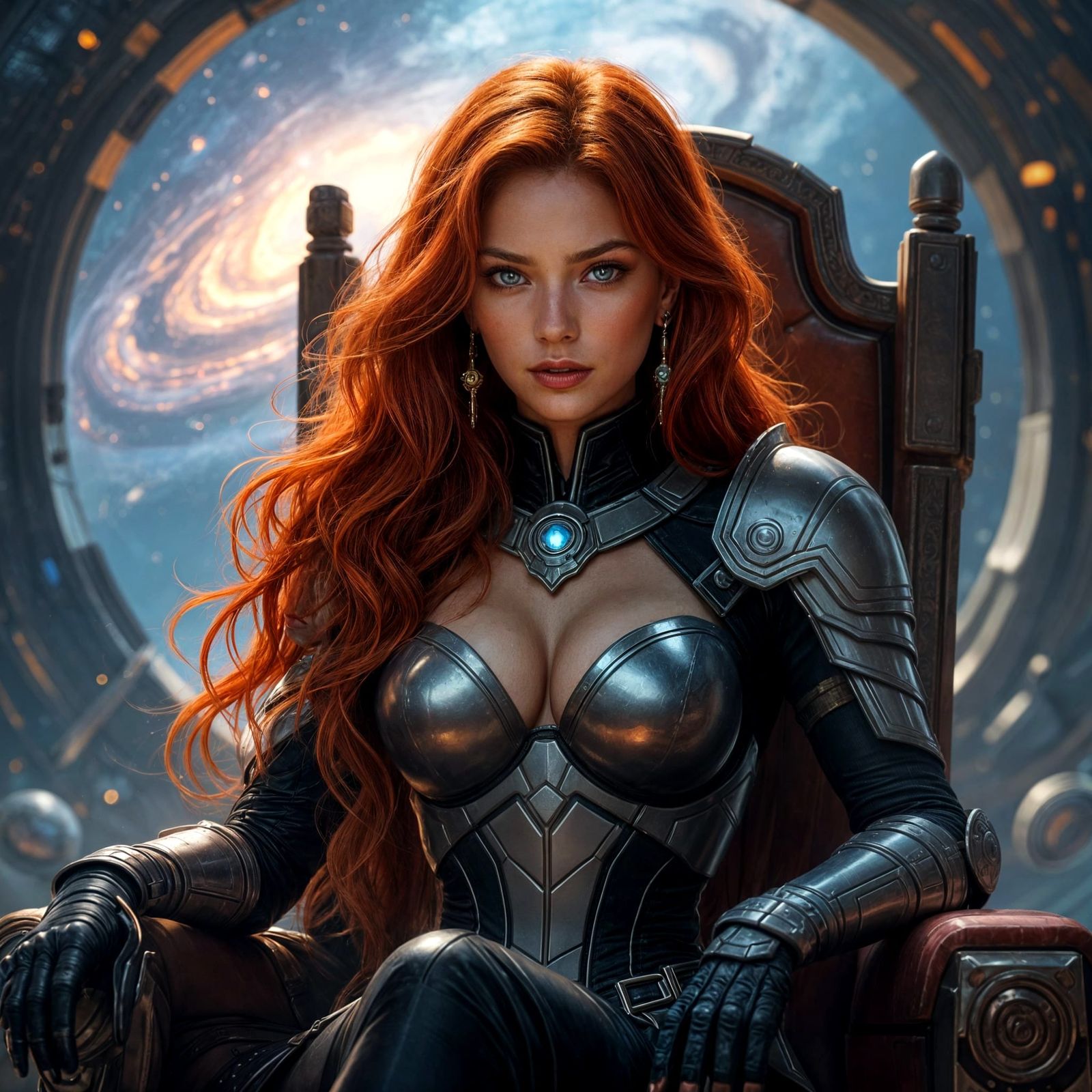Space Pirate Queen with Red Hair, Hyperrealistic Portrait