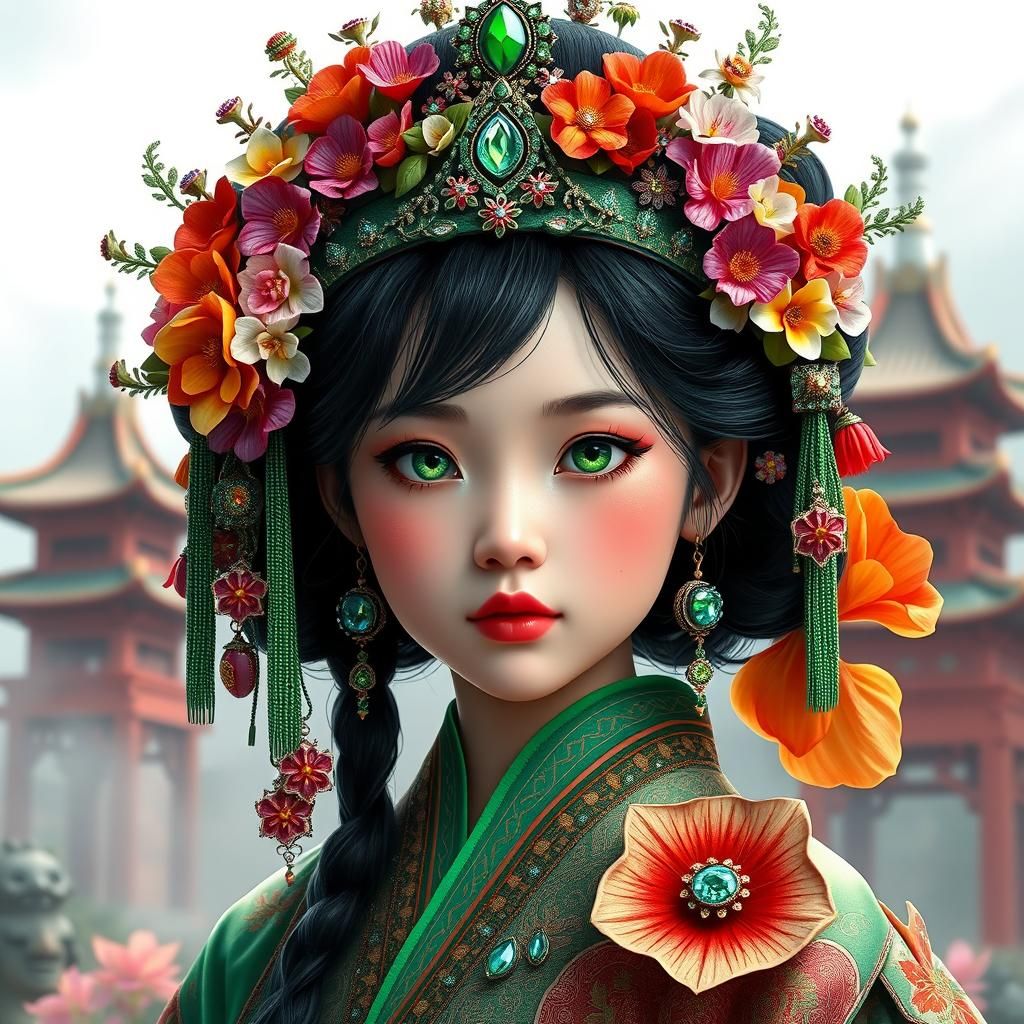 Oriental Girl Portrait with Emerald Headdress, Digital Art