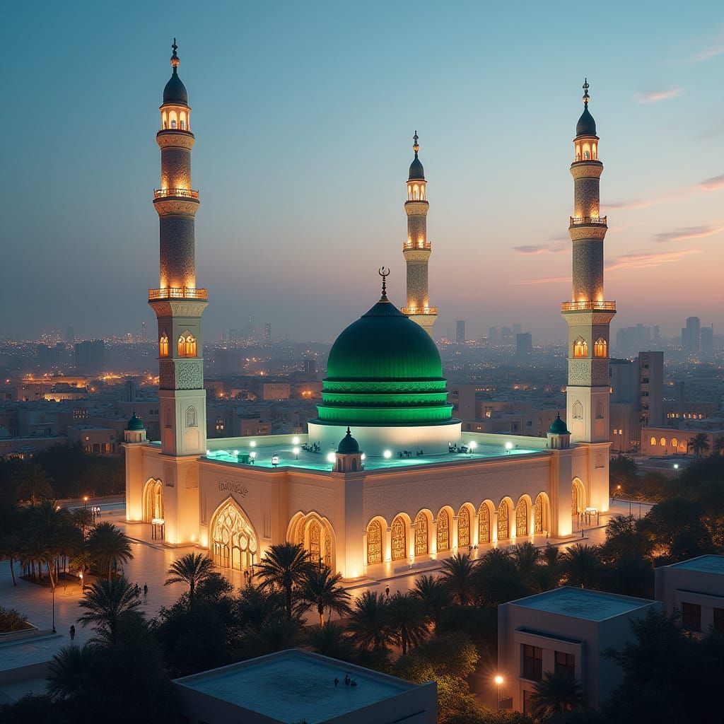 Majestic Green Dome of Masjid al-Nabawi at Dusk