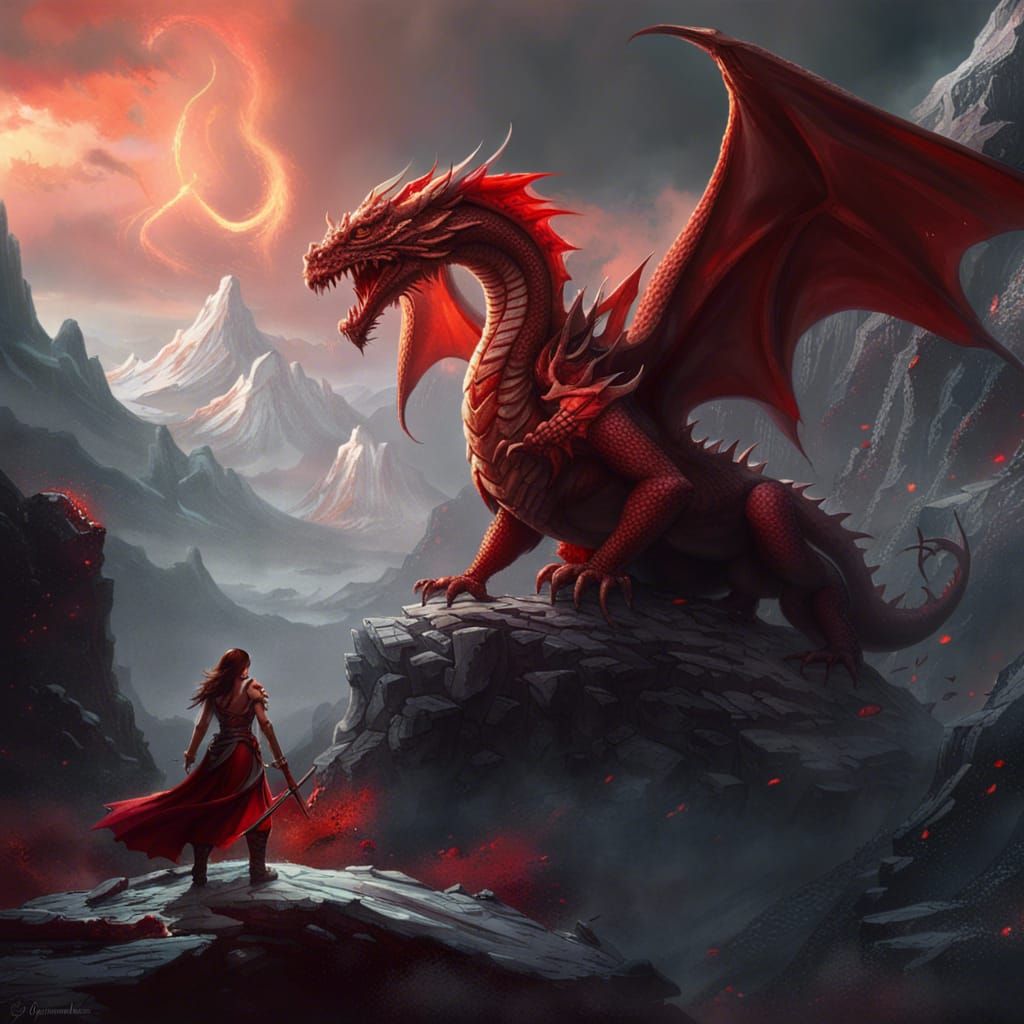 Epic Fantasy Warrior Fighting a Red Dragon