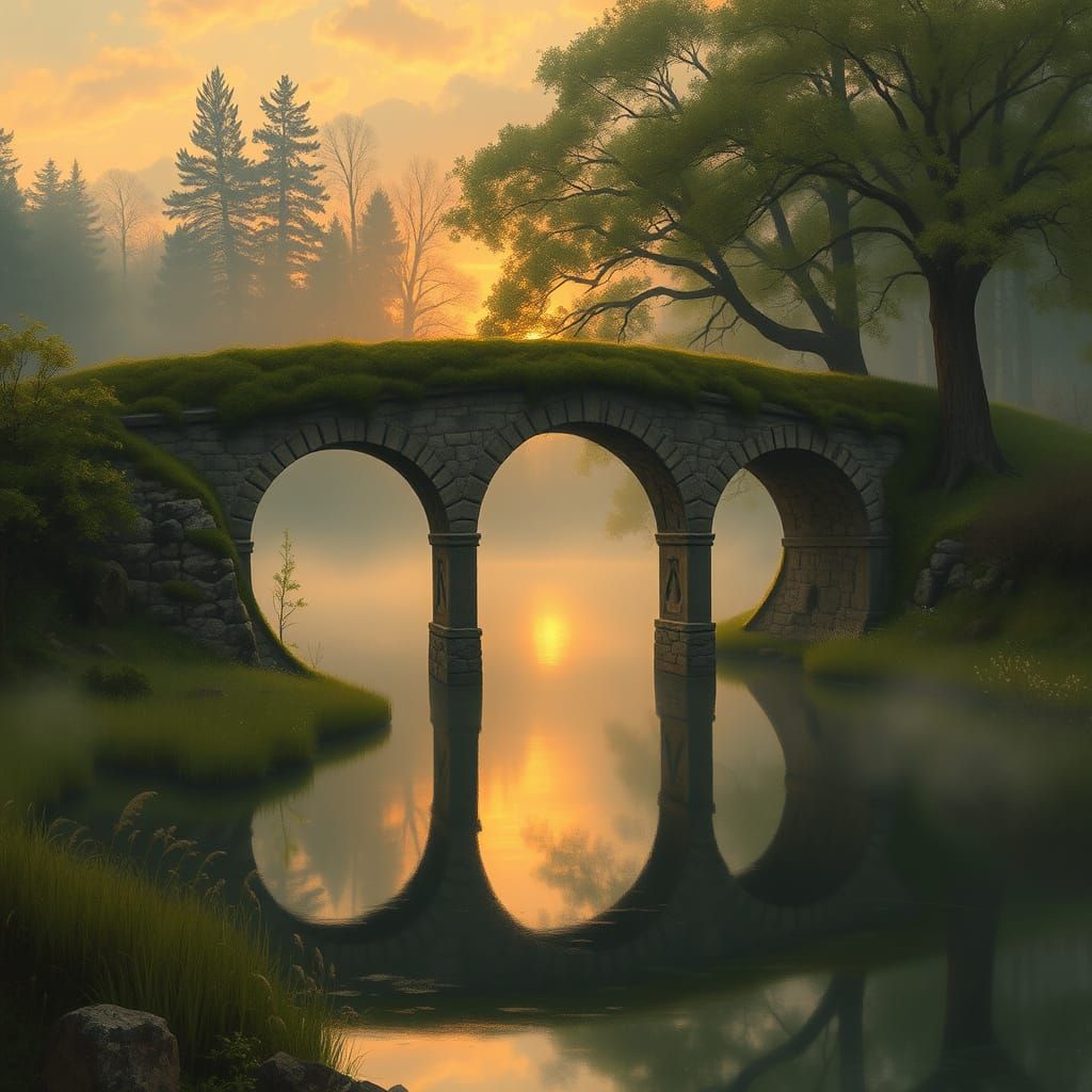 Luminous Stone Bridge in a Serene, Misty Landscape