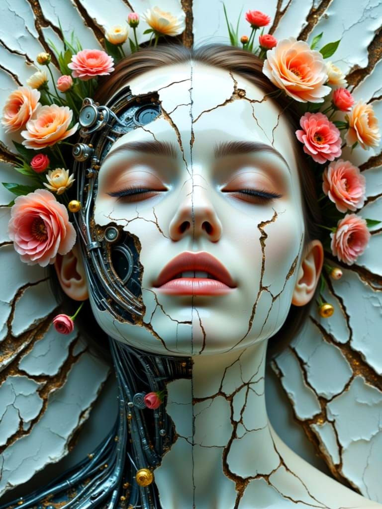 Fractured Goddess in Cybernetic Dreamscape