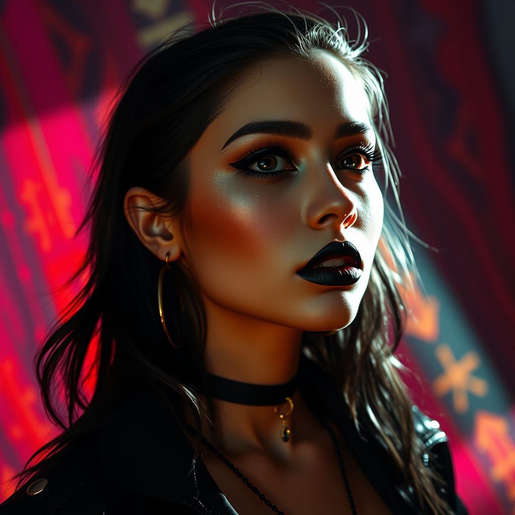 Goth Babe in Vibrant, Dark Futuristic Style
