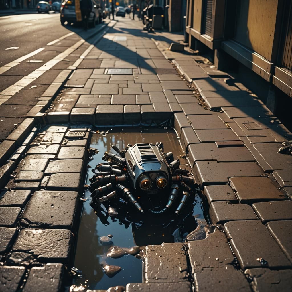 Robotic Gutter Punk in Sunlit City Drains