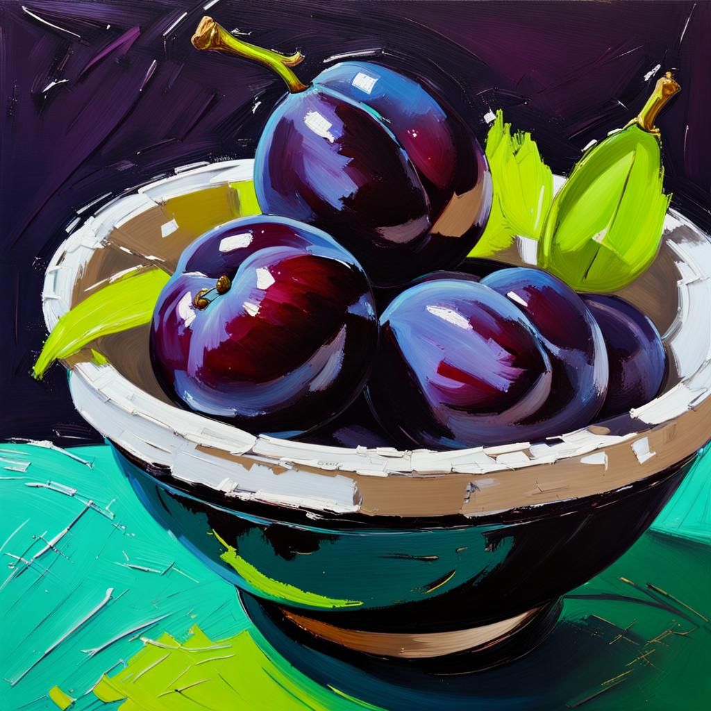 Glossy Plums in Impasto Style with Neon Background