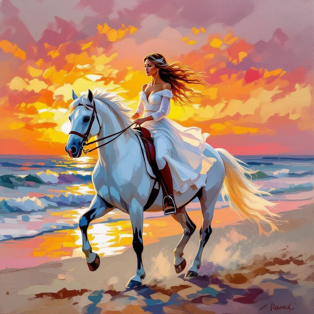 Woman Riding Horse on Beach at Sunset in Impasto Style