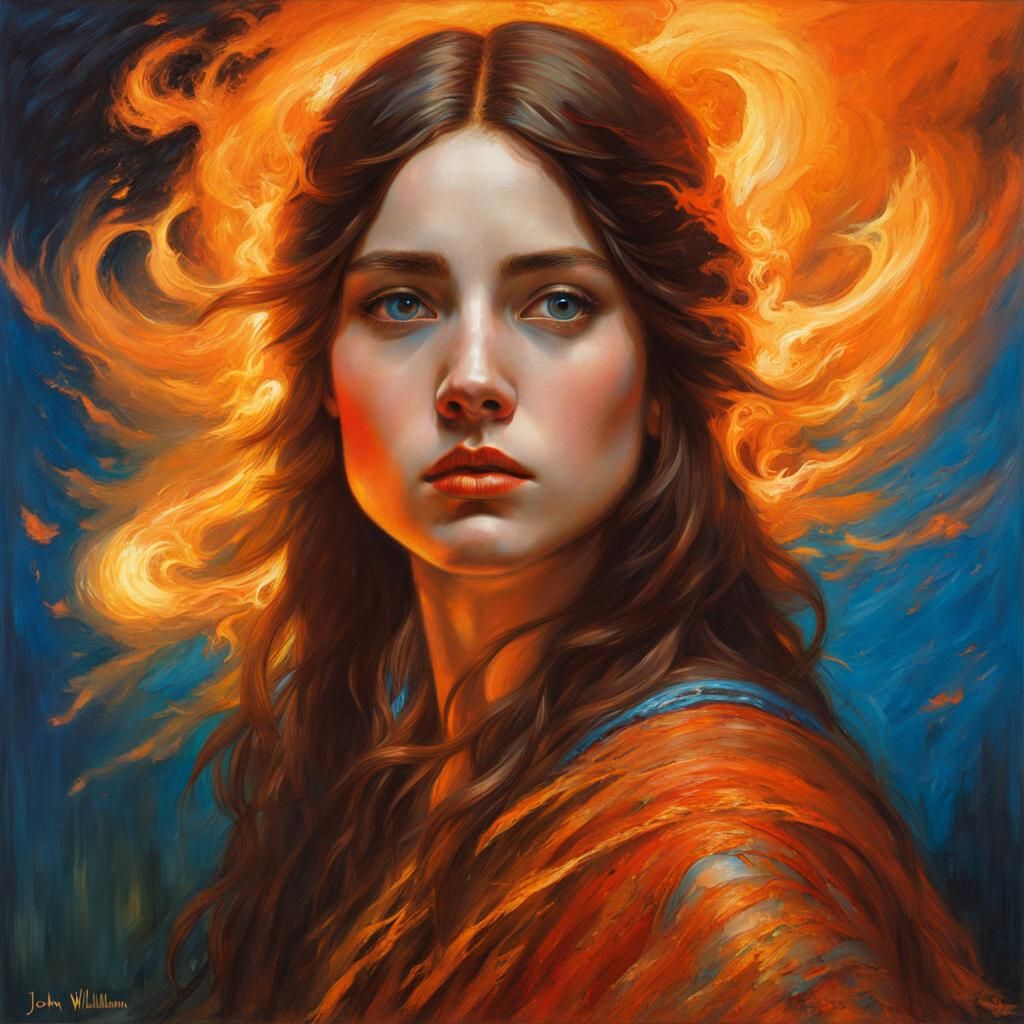 Fiery Mage Portrait in Pre-Raphaelite Style