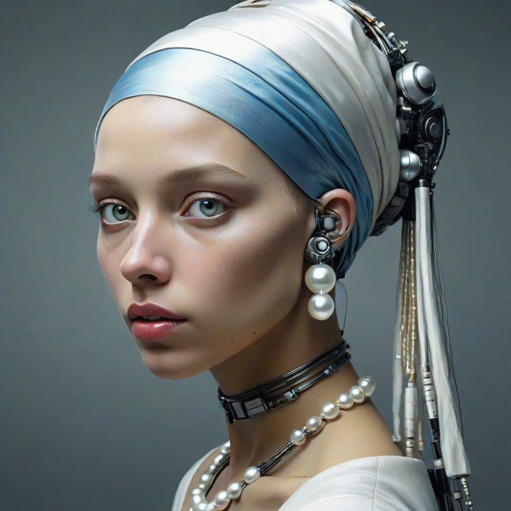 Cyborg Girl with Pearl Earring in Futuristic Portrait