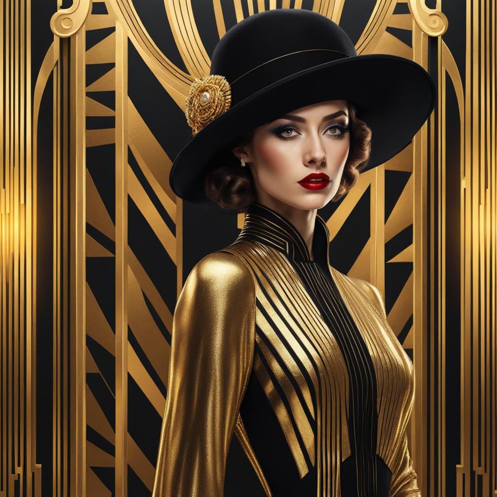 Art Deco Girl in Gold Dress with Foil Effect