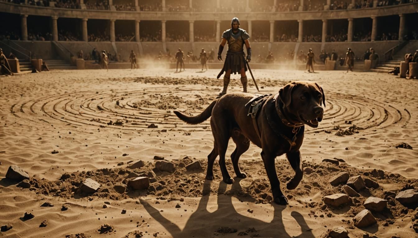Labrador Gladiator in Arena: Cinematic Film Still