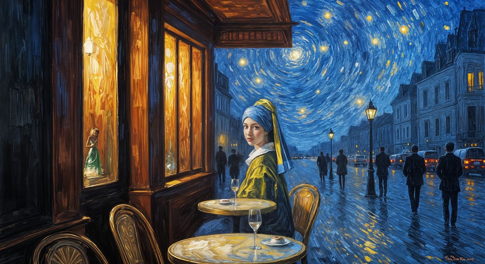 Impressionist Paris Cafe Scene with Starry Sky