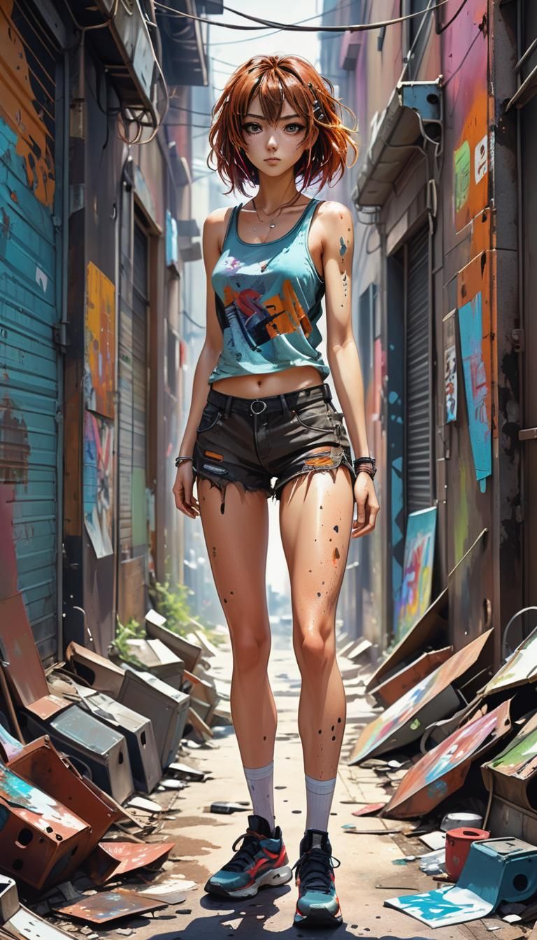 Anime Woman in Junk Alleyway: Photorealistic Digital Art