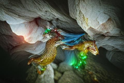 Gemstone Dragon Chasing Wizard in Cavern
