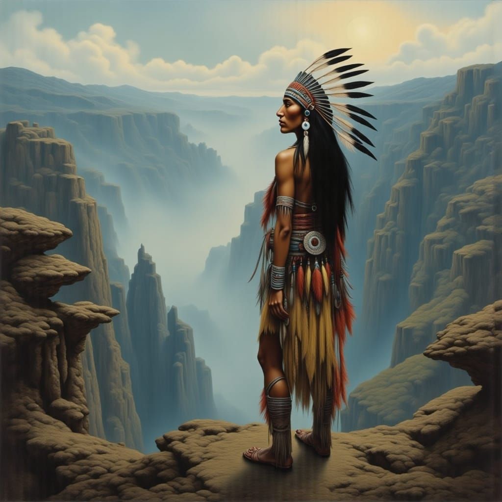 Native American Woman in Misty Canyon, Fantasy Art