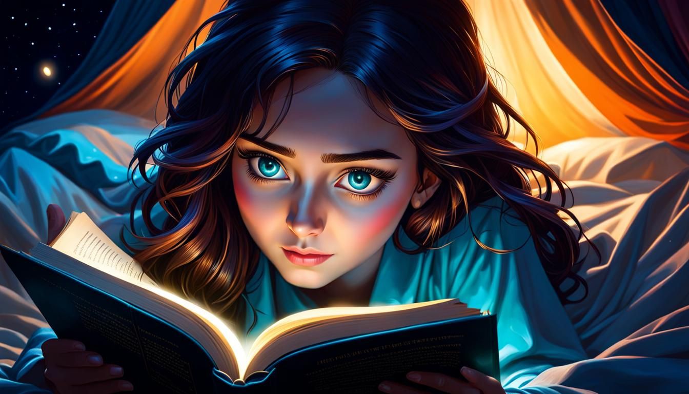 Girl Reading Book by Flashlight: Magical Night Scene