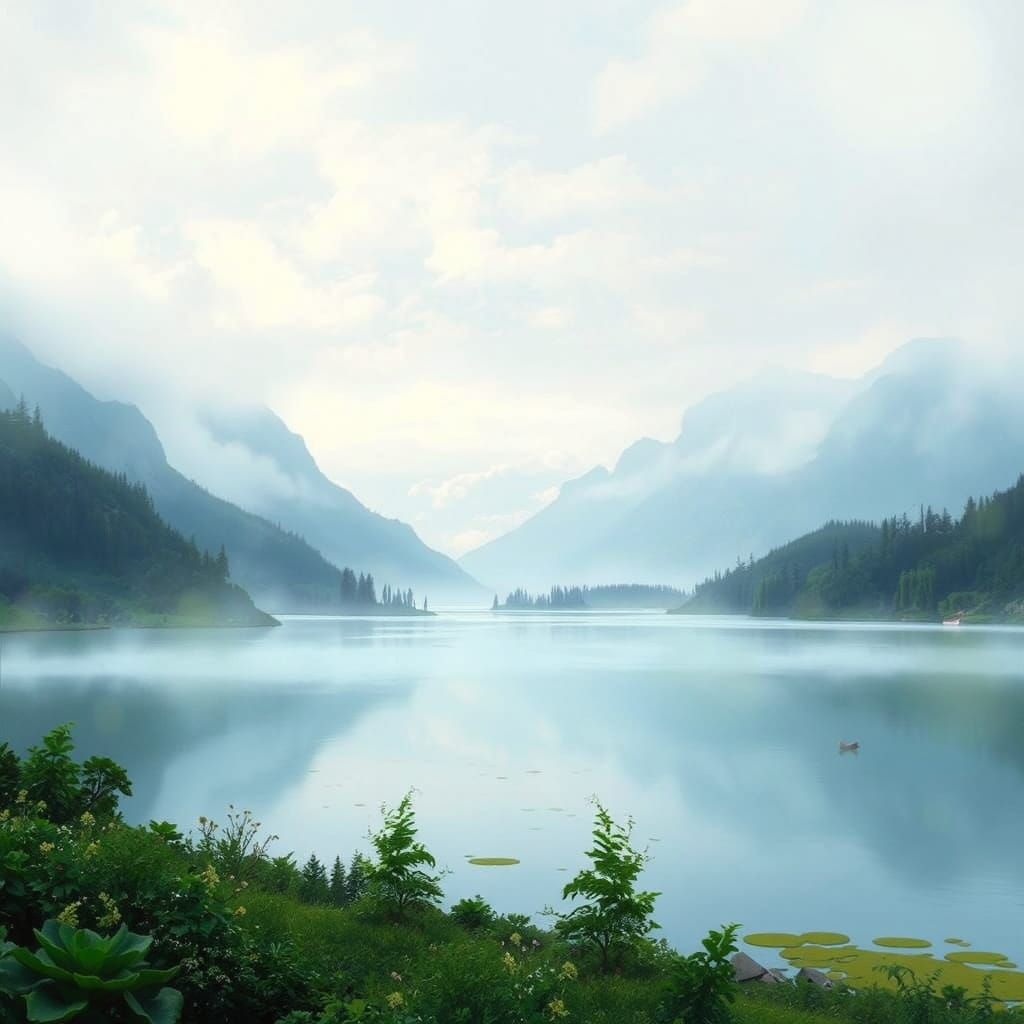 Dreamy Impressionist Landscape with Mysterious Mountains