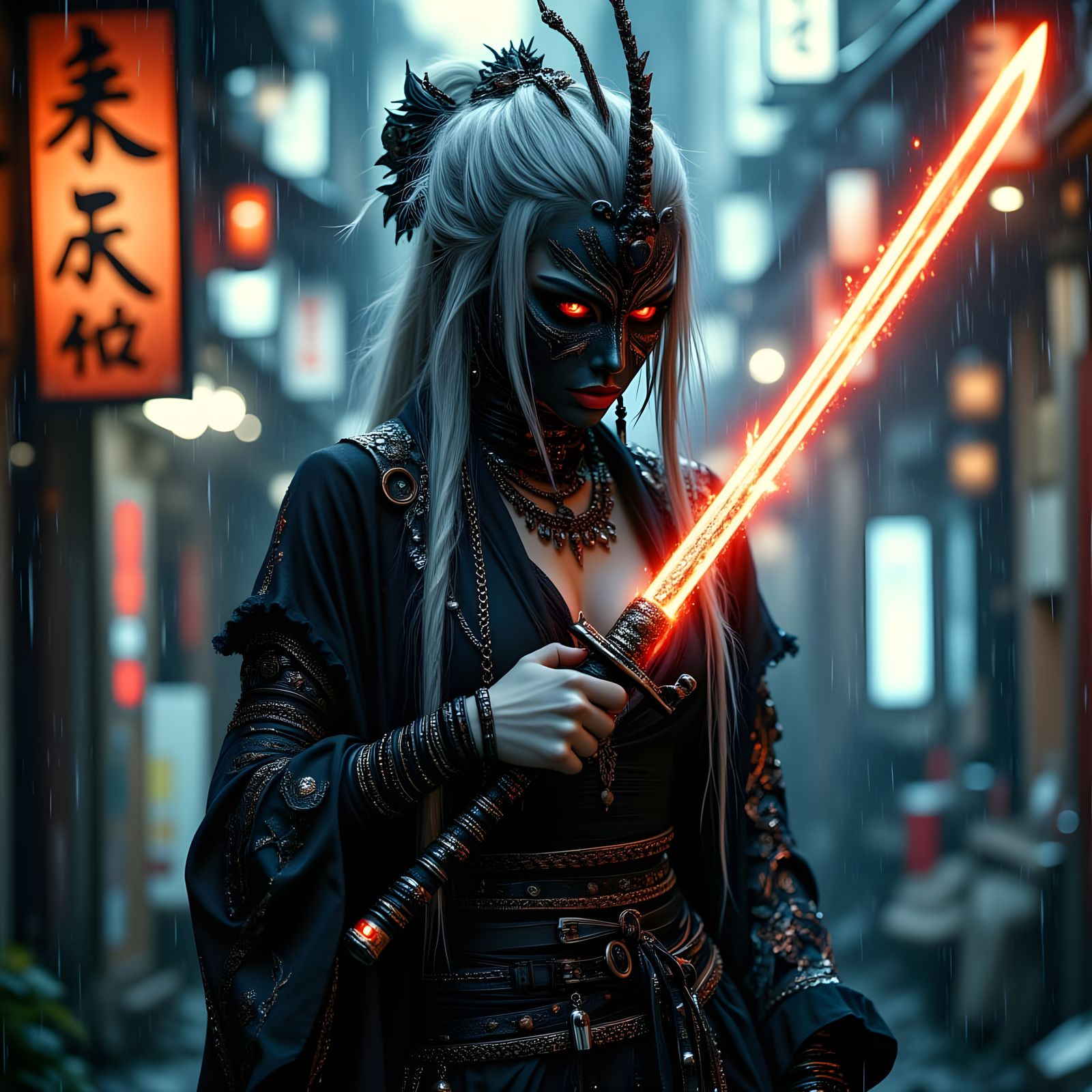 Cyberpunk Shinigami Samurai in Dystopian Neo-Tokyo