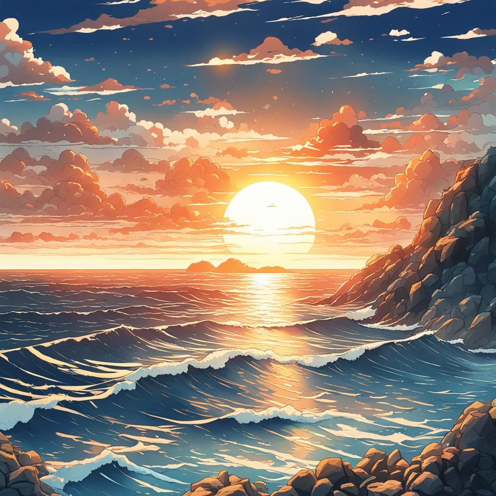 Anime Style Sunrise Over the Sea