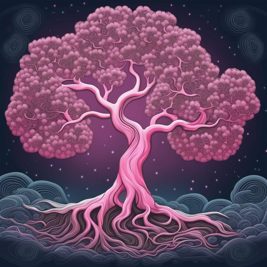 Pink Bonsai Tree Under Moonlit Night Sky