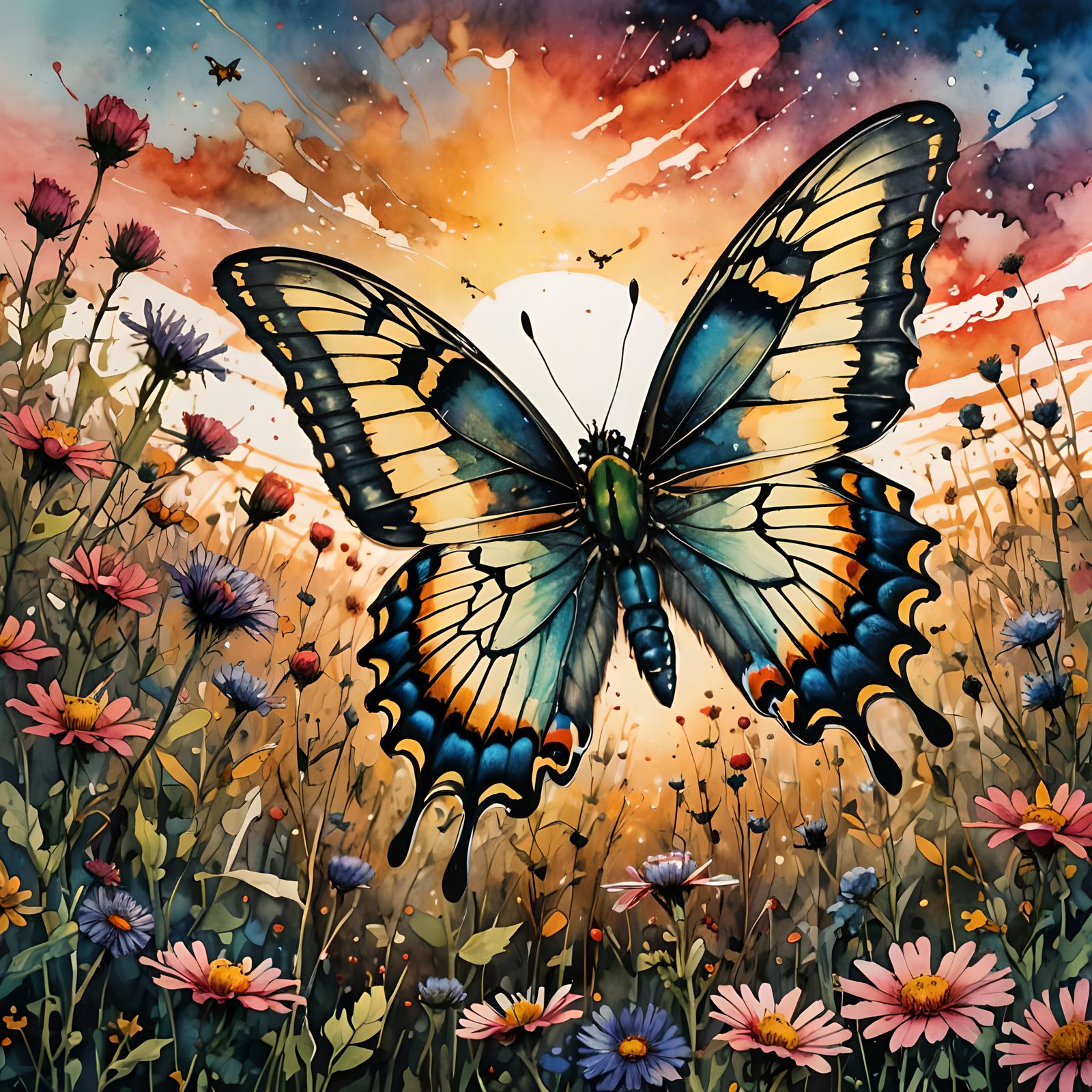 Swallowtail Butterfly Watercolor Illustration at Sunset