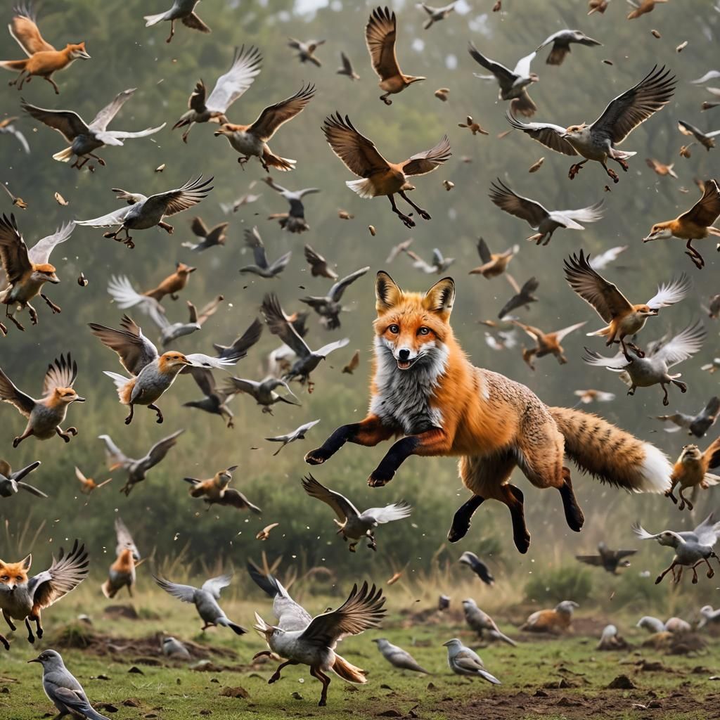Fox Pouncing on Birds in Flight