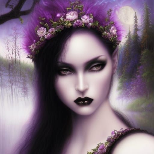 Ethereal Gothic goddess Hecate wearing a Beautiful black spiked Gothic regal Crown with amethyst crystals on it& Long bl...