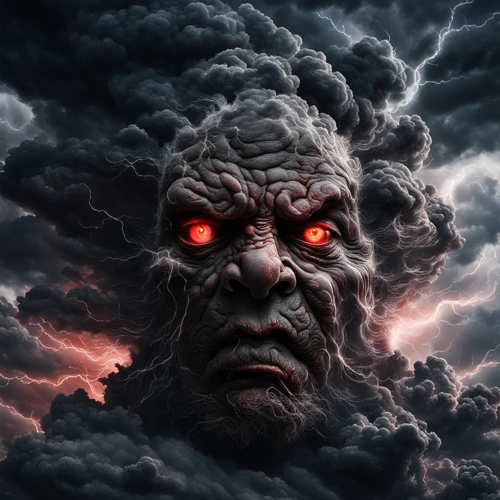 Stormy Sky Face with Lightning in Cinematic Style