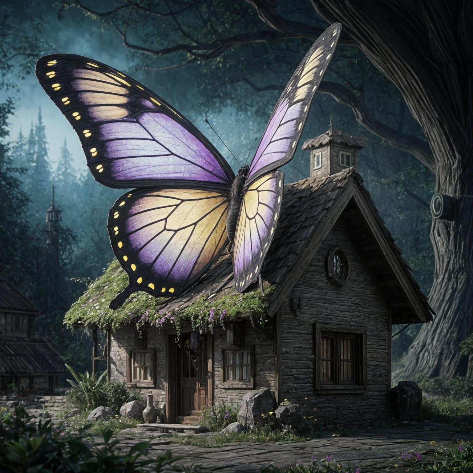 Majestic Butterfly Lands on Enchanted Cottage