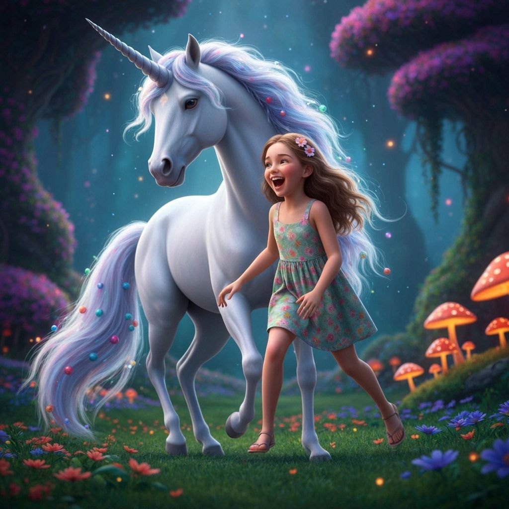 Girl Rides Unicorn Over Rainbow in Cartoon Style