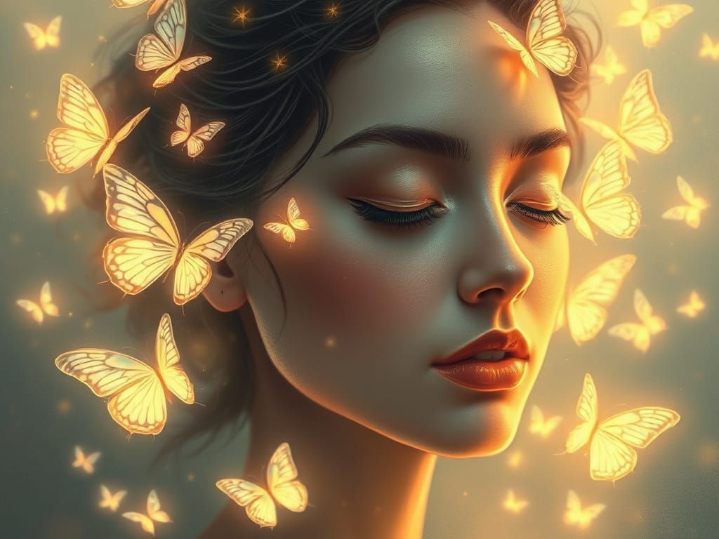 Whimsical Woman in a Halo of Iridescent Butterflies