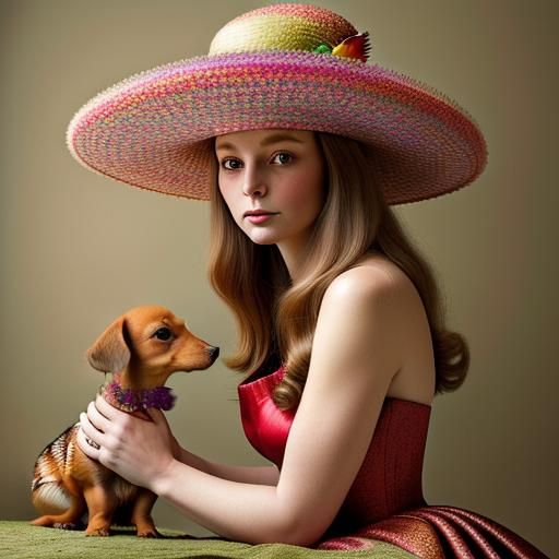 Elegant Woman and Dachshund Puppy in Art Nouveau Portrait