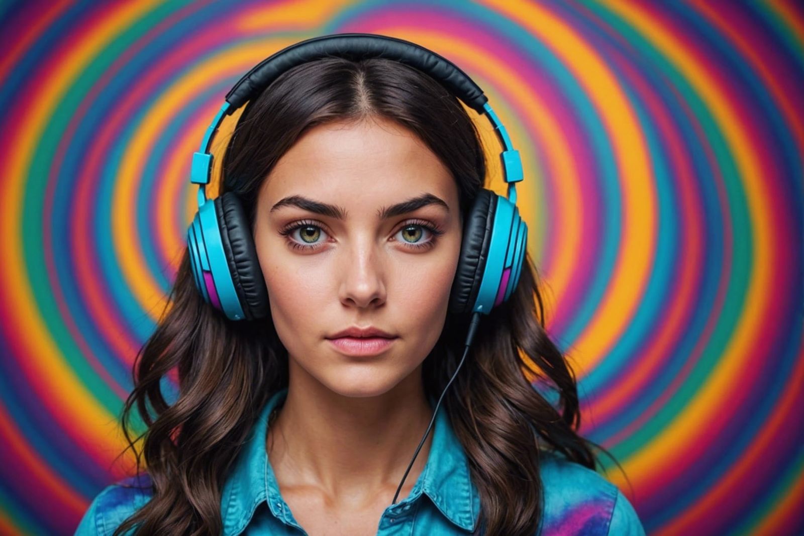 Woman with Headphones in Dreamy Psychedelic Portrait