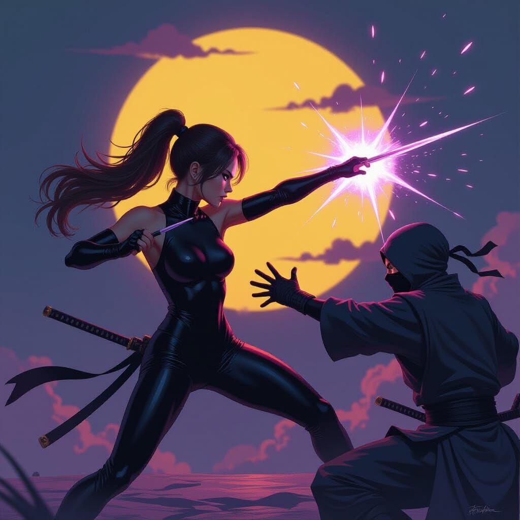 Athletic Girl Throws Shurikens at Ninja in Dark Fantasy Styl...