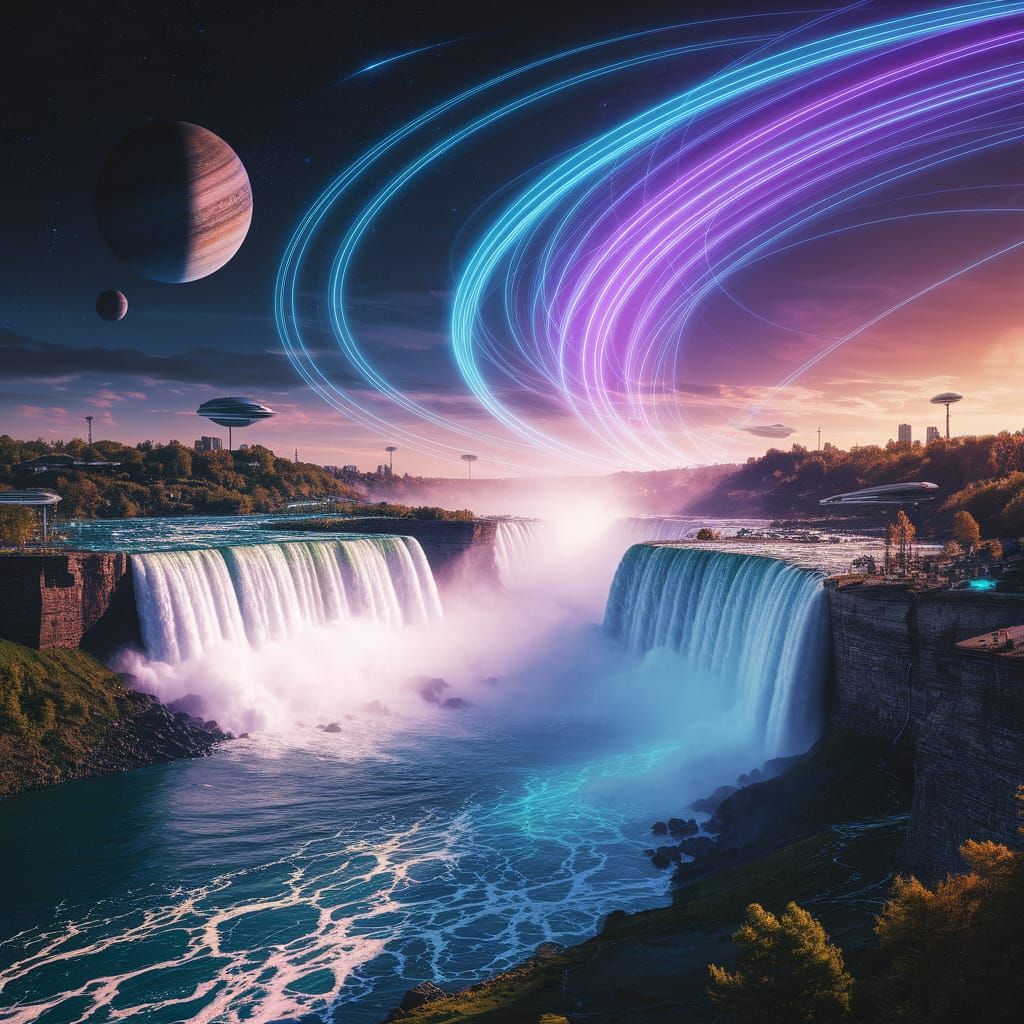 Futuristic Niagara Falls with Neon Lights and Holograms