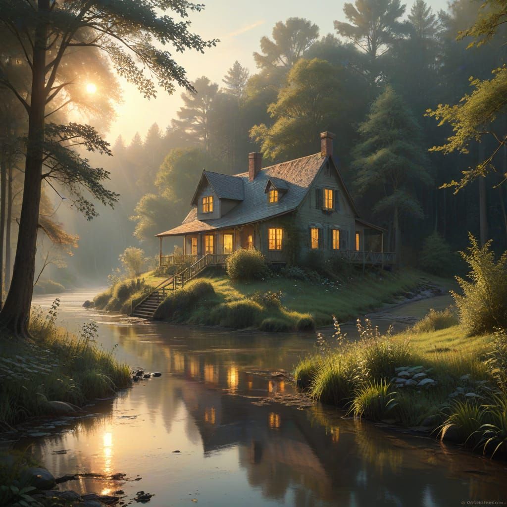 Mysterious Country House at Sunrise, Impressionistic Paintin...