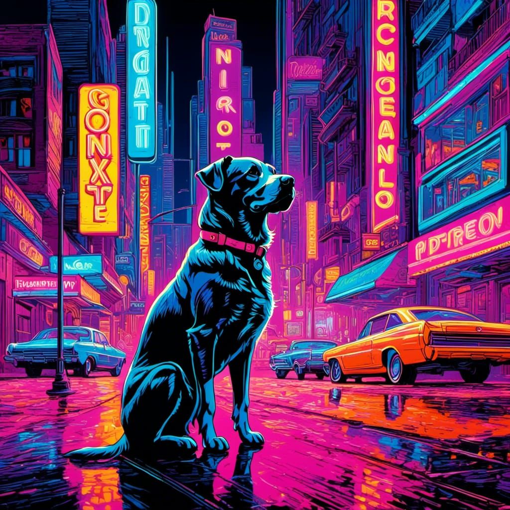 Dog in Neon City with 80s Aesthetic