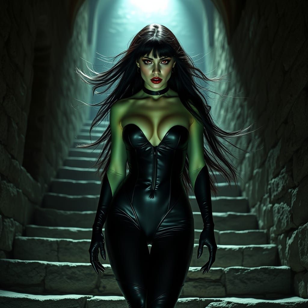 Green Vampirella on Stone Stairway in Hyperrealistic Style