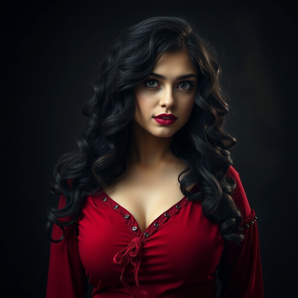 Medieval Woman in Red, Dark and Mysterious