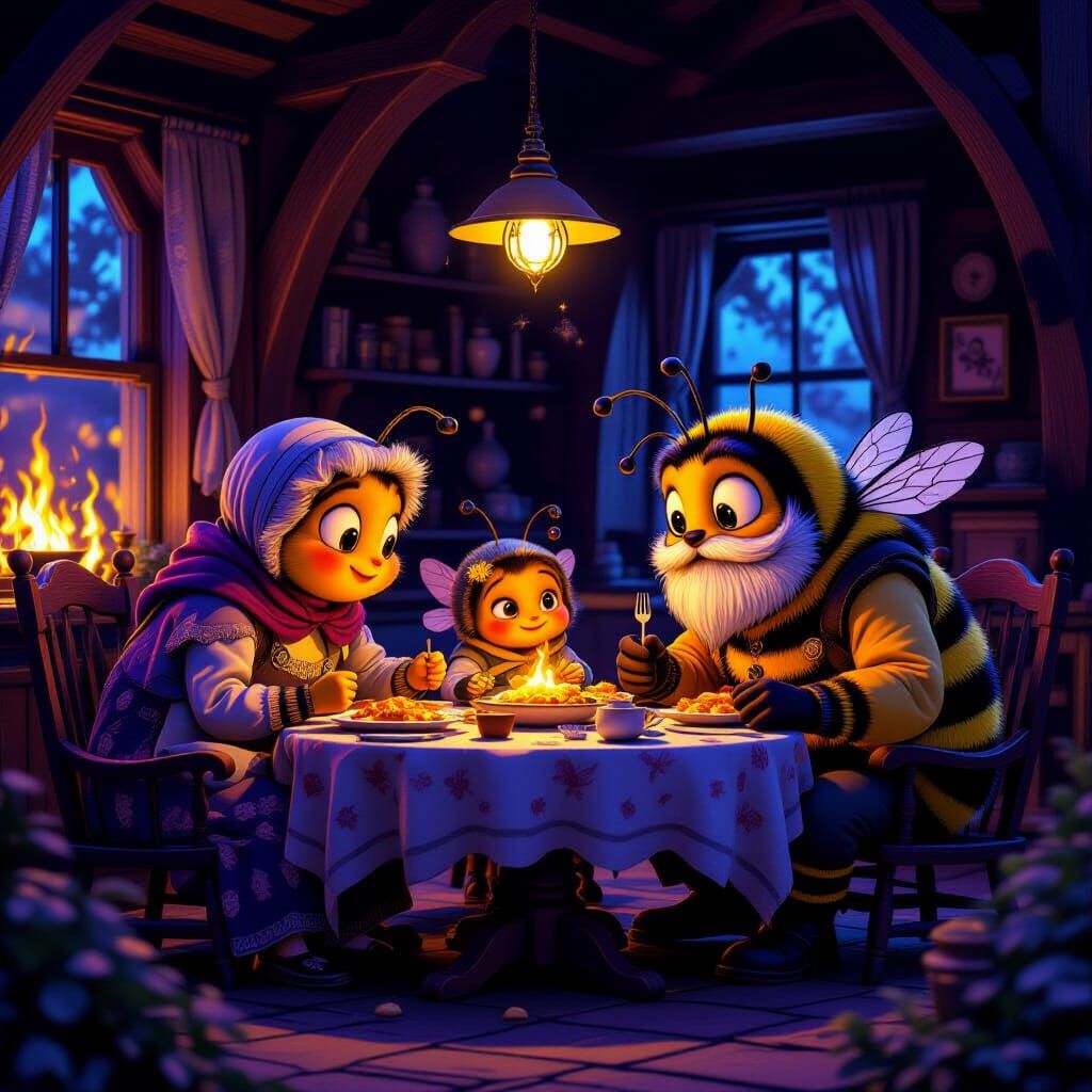 Anthropomorphic Bee Family Dinner in Cozy Cottage