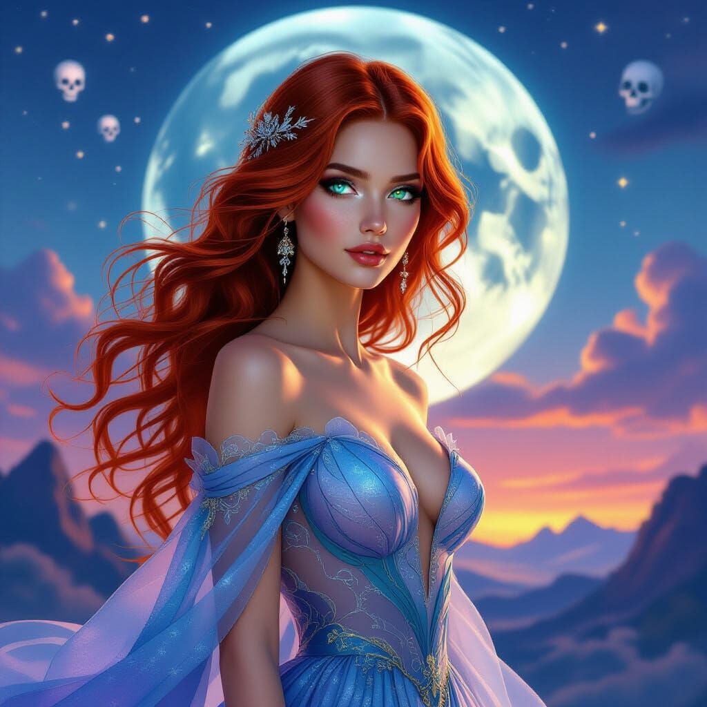 Celestial Woman with Red Hair and Turquoise Eyes in Twilight...