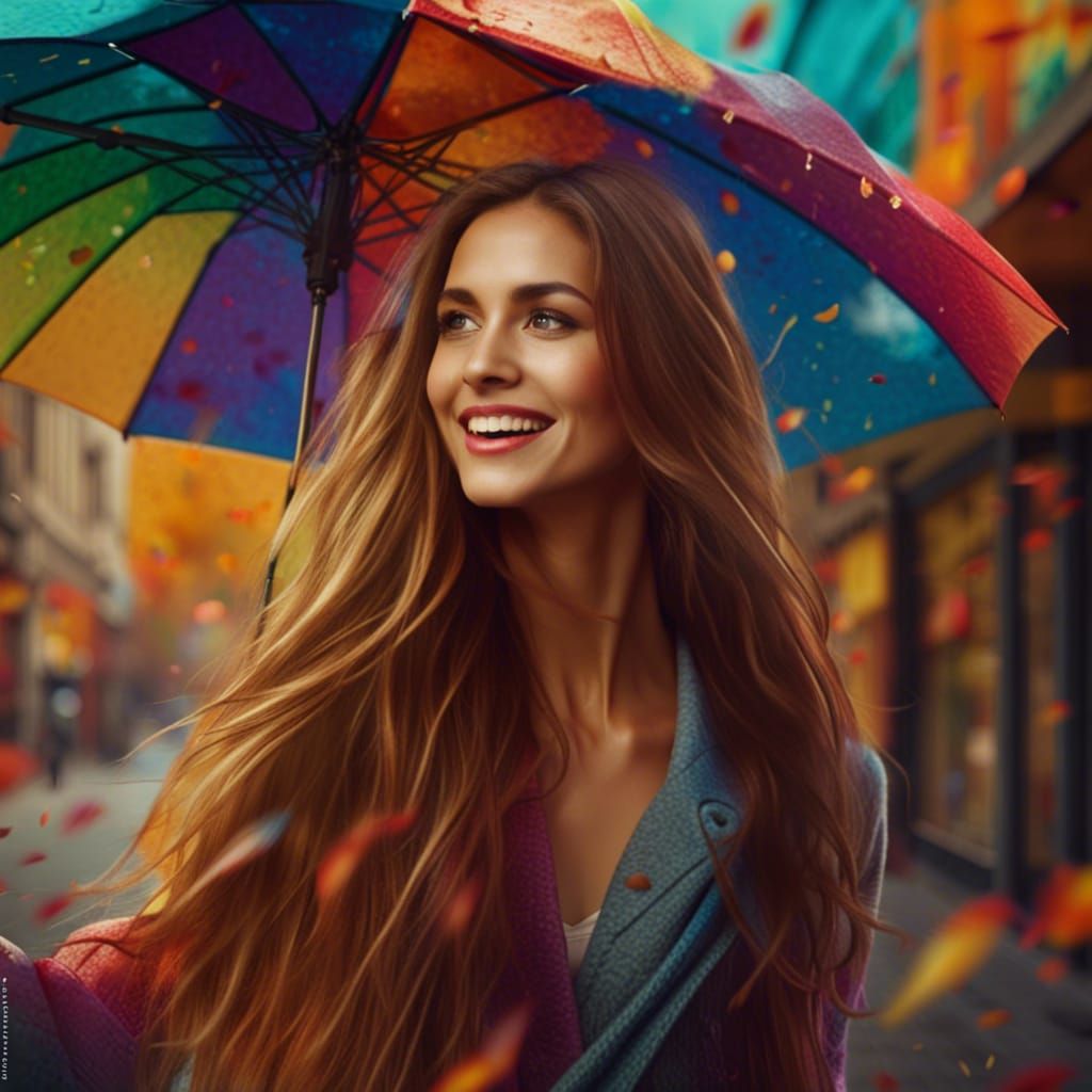 Happy Woman Dances with Umbrella on Autumn Street