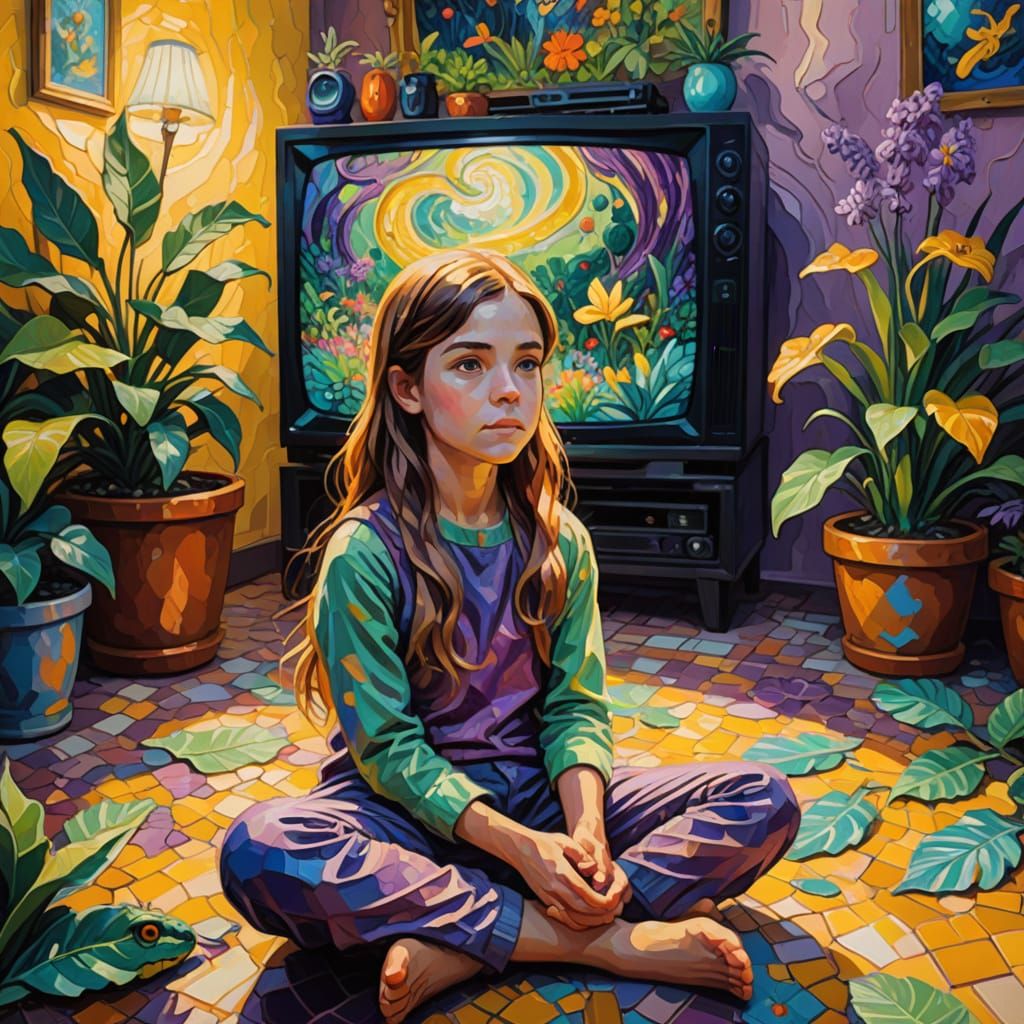 Whimsical Girl in Enchanted Garden, Inspired by Neo-Impressi...
