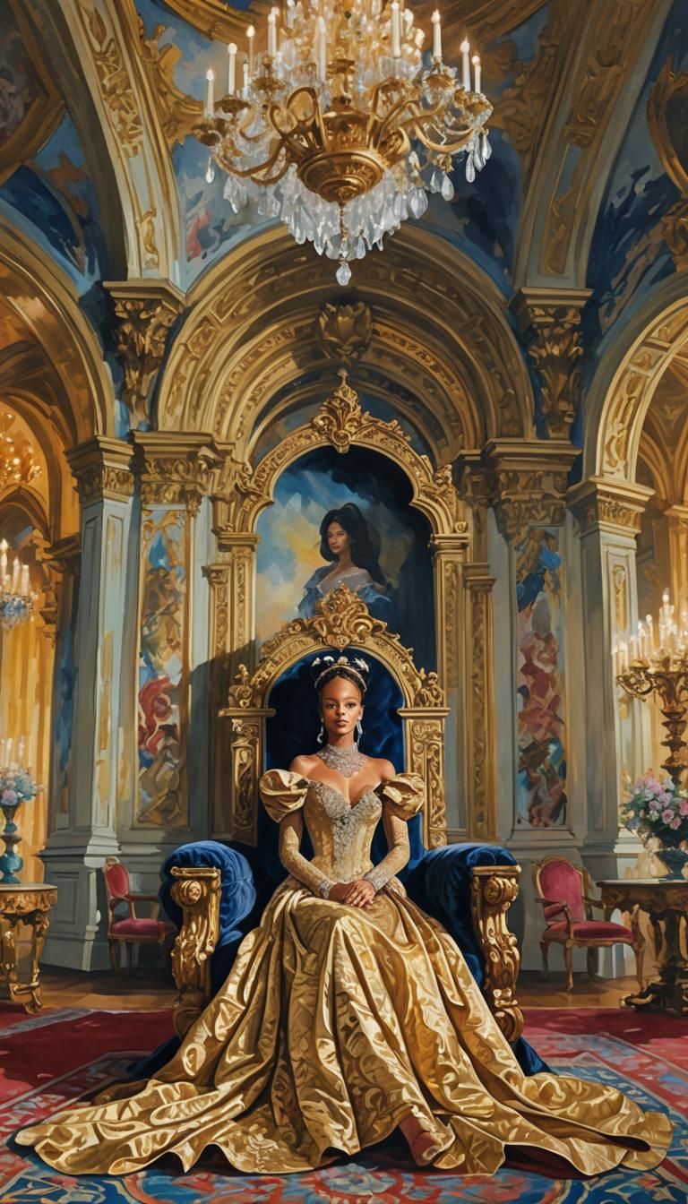 Rihanna on Velvet Throne: Gouache Impressionist Portrait