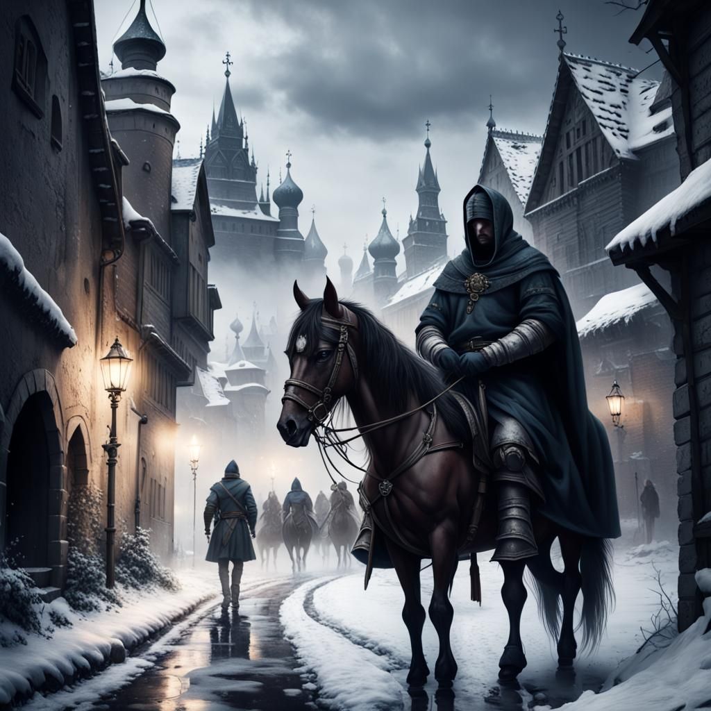 Dark Gothic Medieval City in Snowy Russia