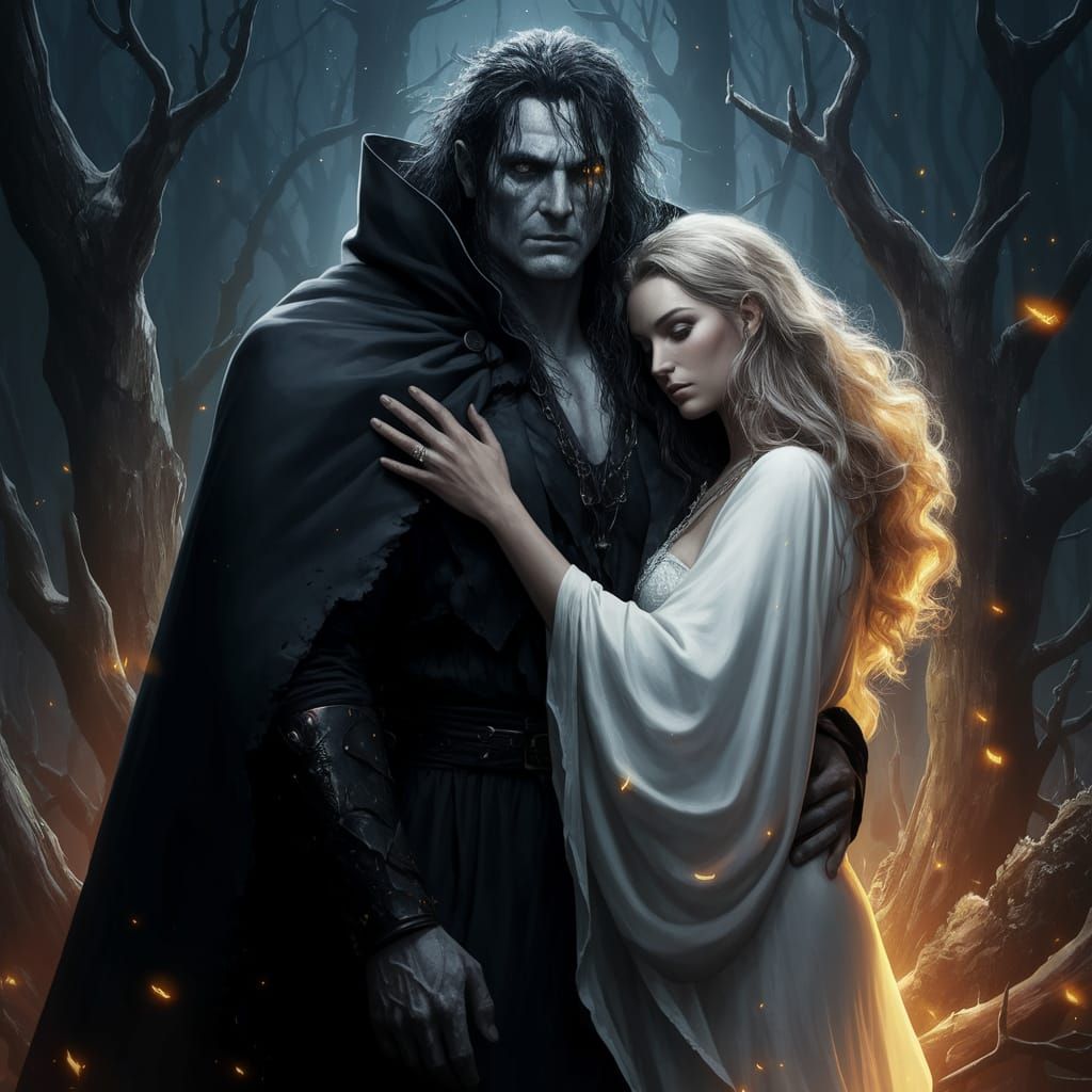 Mysterious Dark Figure in Black Cloak Embraced by Enchanting...