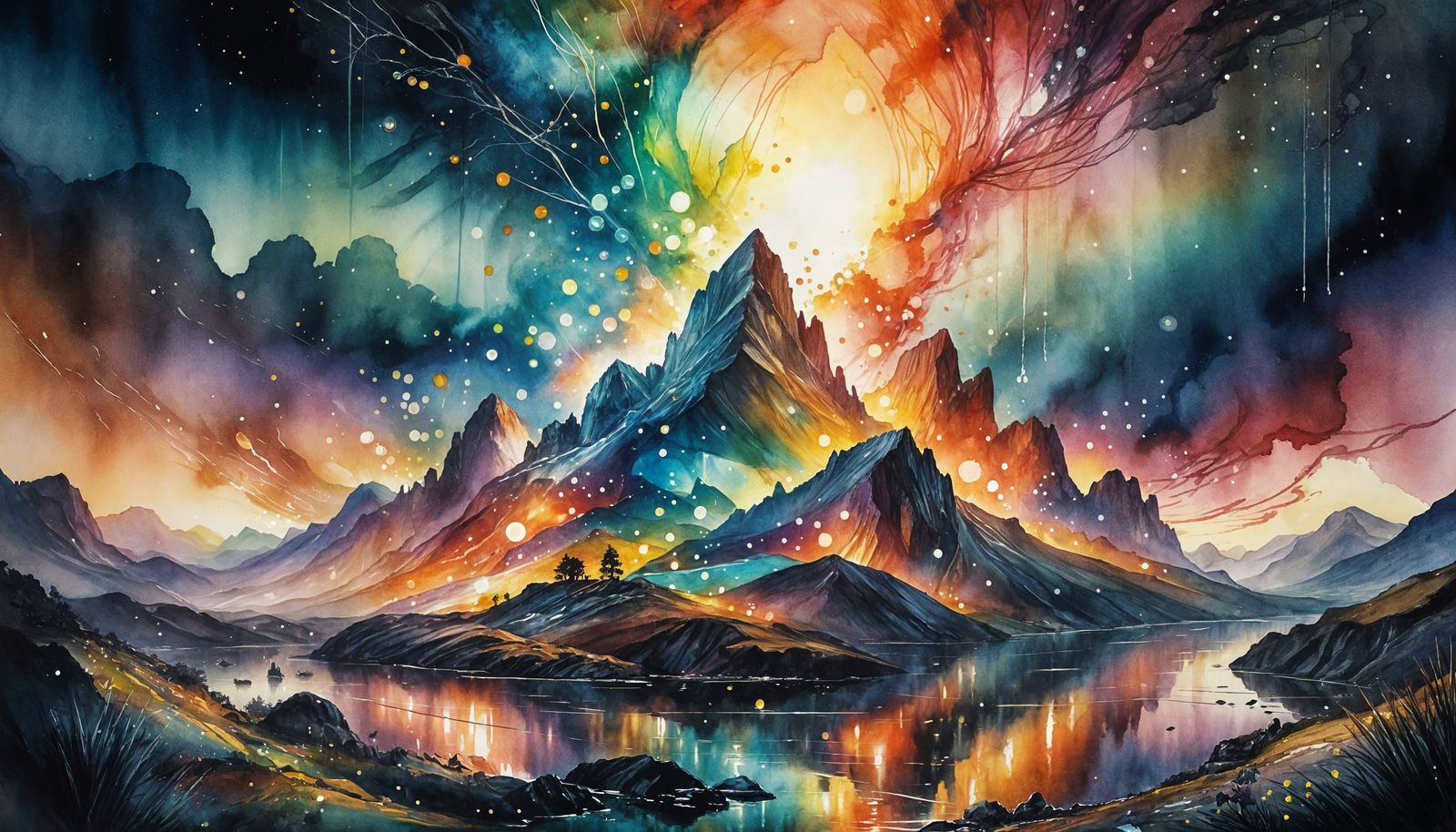 Surreal Landscape with Iridescent Lights, Watercolor Style