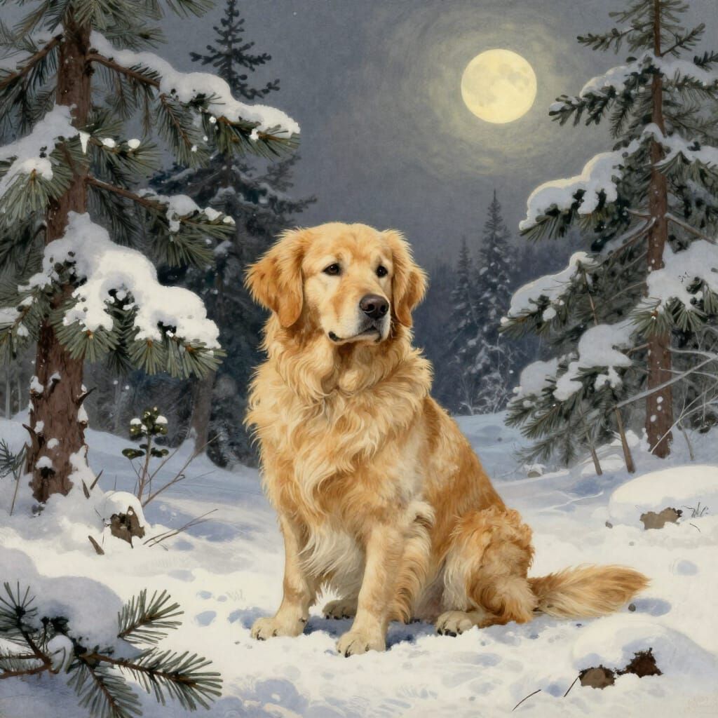 Golden Retriever in Vintage Winter Storybook Illustration