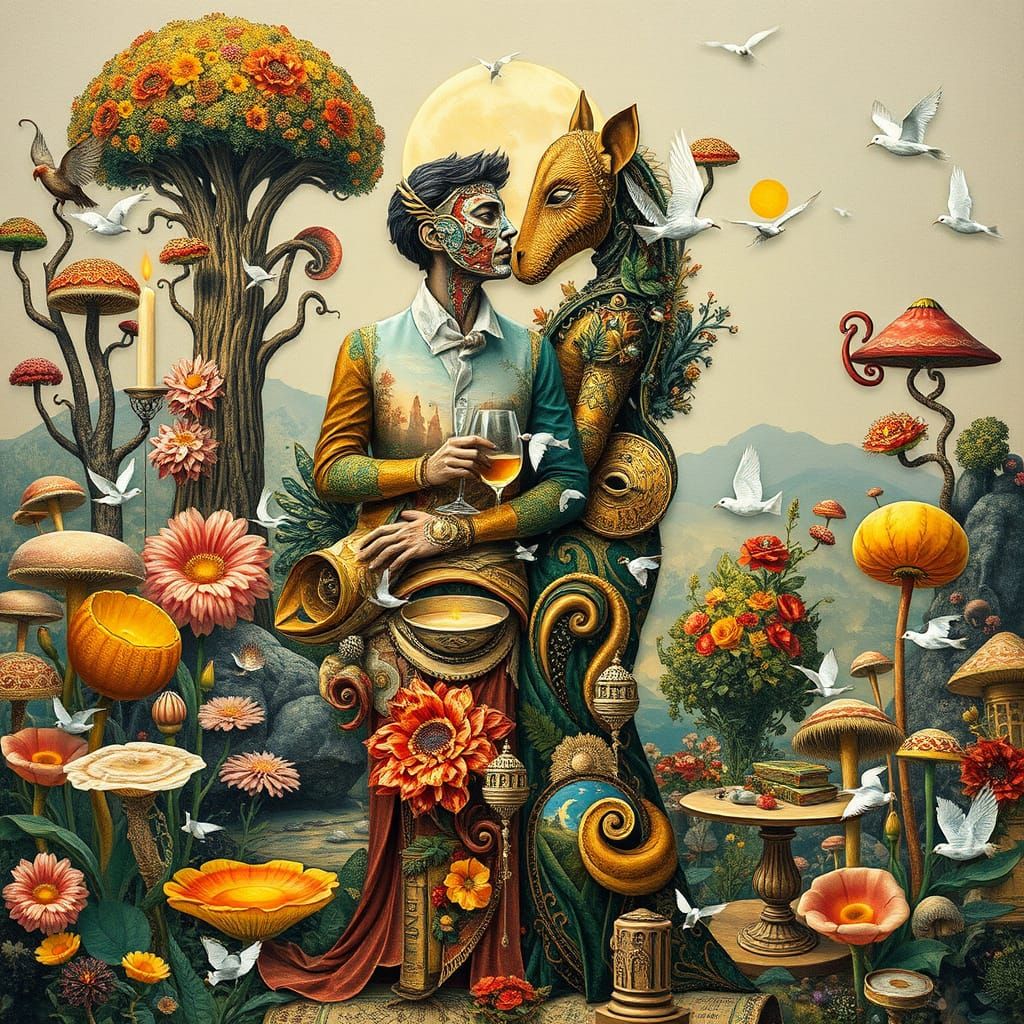 Surreal Garden Party in the Style of Bosch and Klimt